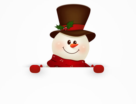 Happy smiling snowman standing behind a blank sign showing on big blank sign. vector illustration.