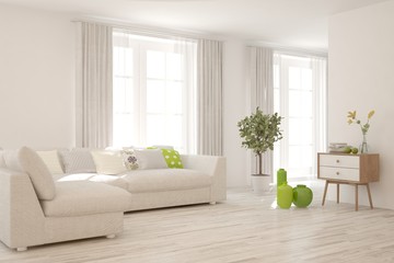 Stylish room in white color with sofa. Scandinavian interior design. 3D illustration