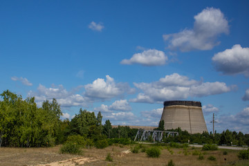 Chernobyl power plant  reactor 5 cooling tower seen from distance