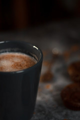 cocoa drink in blue mug with chocolate on dark textured background with chocolate muffins and vintage spoon and cocoa powder.