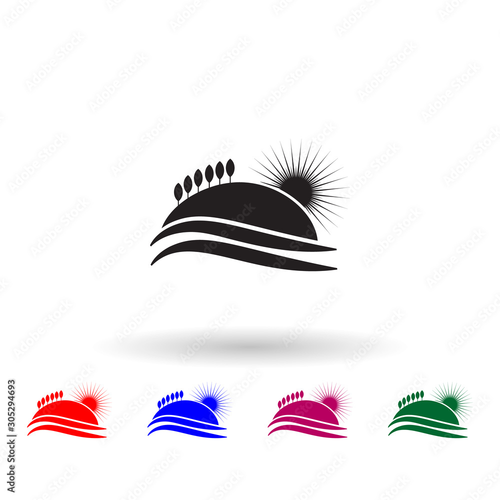 Aufkleber sunset on the hill multi color icon. simple glyph, flat vector of landscape icons for ui and ux, web
