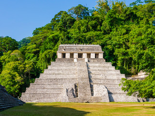 Fototapeta na wymiar Stunning view of Temple of Inscriptions, Palenque archaeological site, Chiapas, Mexico