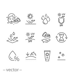 care skin icon set, sunscreen safeing for uv and water, cleansing and moisturizing, face mask, elasticity skin covering, thin line symbol - editable stroke vector illustration eps10
