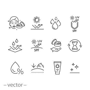 Care Skin Icon Set, Sunscreen Safeing For Uv And Water, Cleansing And Moisturizing, Face Mask, Elasticity Skin Covering, Thin Line Symbol - Editable Stroke Vector Illustration Eps10