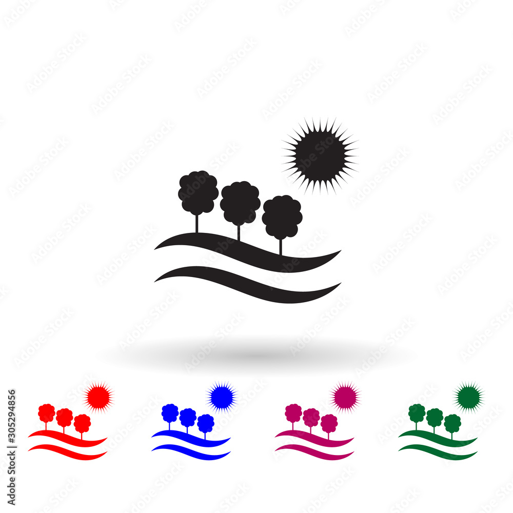 Poster field with trees and sun multi color icon. simple glyph, flat vector of landscape icons for ui and u
