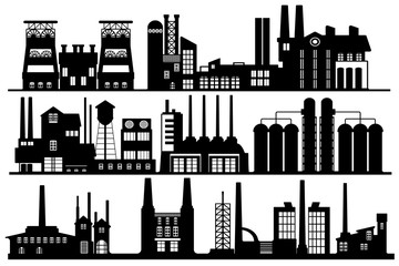 Fototapeta premium Abstract industrial panorama background, black and white silhouette. Vector line art illustration featuring industrial landscape with mines and factories.