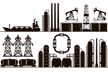 Industrial panorama background, black and white silhouette.  Vector line art illustration featuring oil and gas factories industrial landscape.