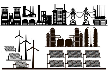 Industrial panorama background, black and white silhouette.  Vector line art illustration featuring oil gas and green energy electricity factories industrial landscape.