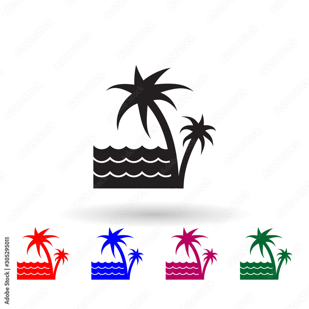 Poster palms and the sea multi color icon. simple glyph, flat vector of landscape icons for ui and ux, webs