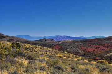Views of Wasatch Front Rocky Mountains from the Oquirrh Mountains with fall leaves, Hiking in Yellow Fork trail and Rose Canyon in Great Salt Lake Valley. Utah, United States.