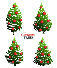 Decorative Christmas trees icons set. Cute Christmas trees with toys. Fir tree. Pine tree. Spruce tree. Vector illustration.