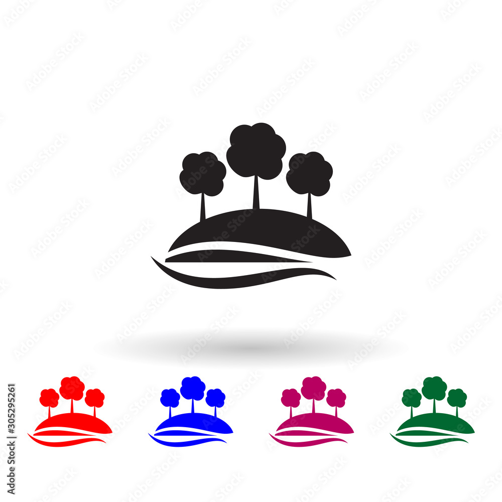 Poster trees on a hill multi color icon. simple glyph, flat vector of landscape icons for ui and ux, websit