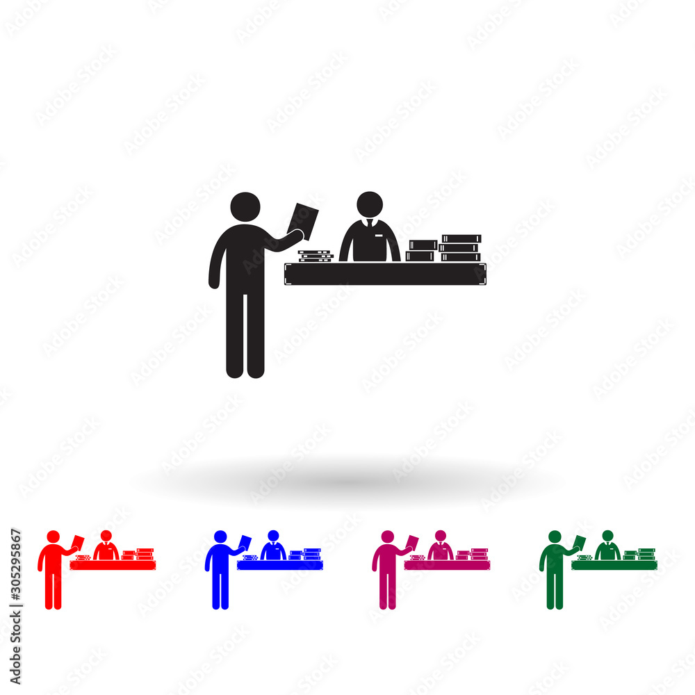 Poster the person takes the book from the library multi color icon. simple glyph, flat vector of library ic