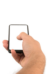 Male hand holding a smartphone with blank screen.