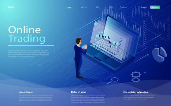 Online Trading On Stock Exchange At Home Isometric Composition With Laptop, Businessman, Tablet, Vector. Digital Money Market, Investment, Finance Trading. Isometric Concept Stock Exchang And Trader