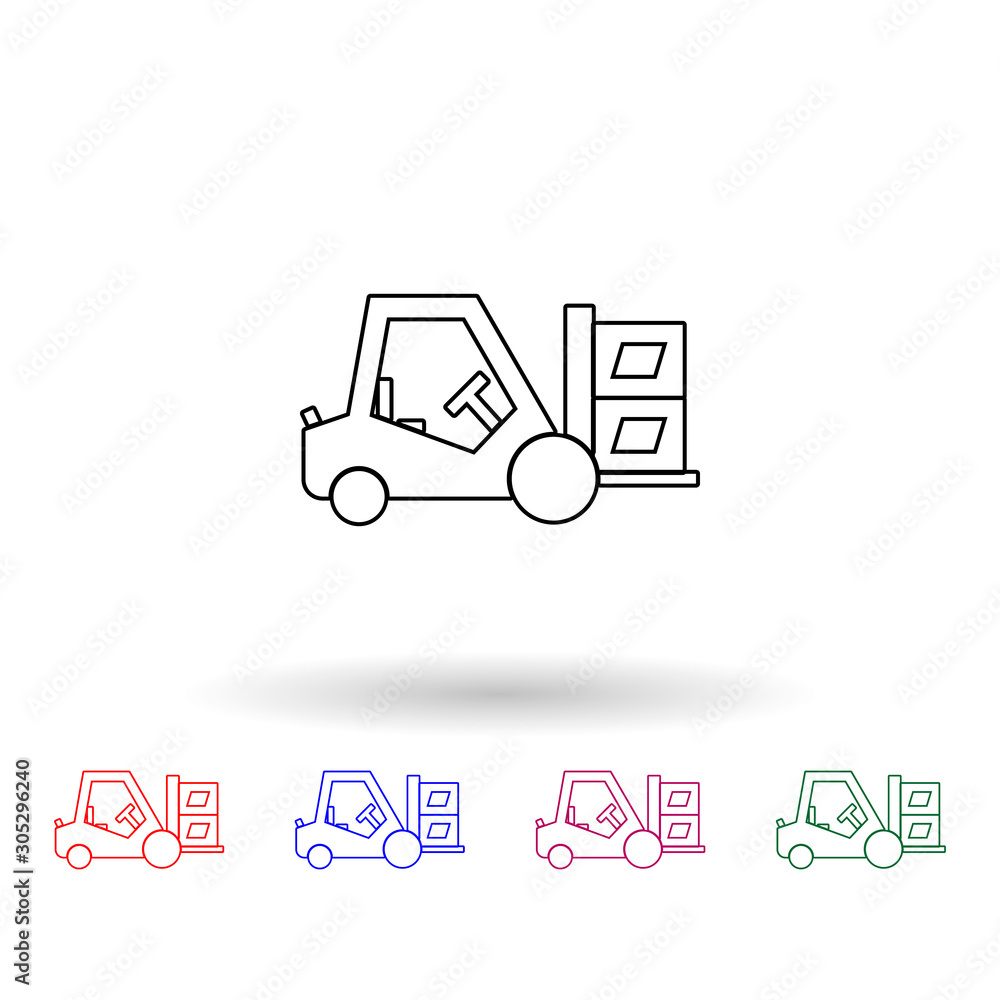 Poster loading equipment with packing box multi color icon. simple thin line, outline vector of logistic ic