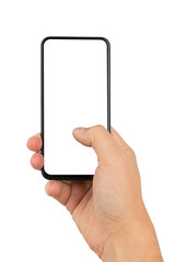 Male hand holding a smartphone with finger on screen.