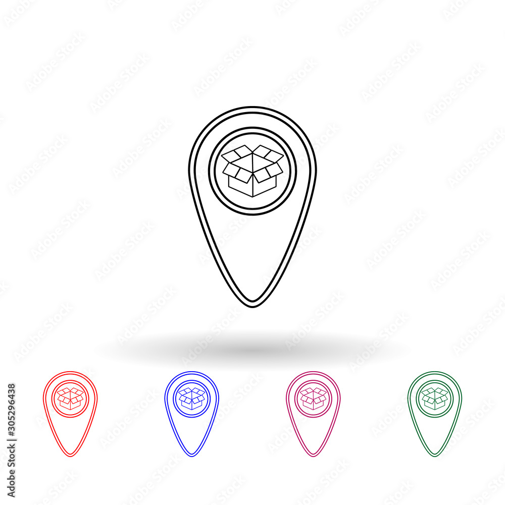 Poster open packing box on pin multi color icon. simple thin line, outline vector of logistic icons for ui 