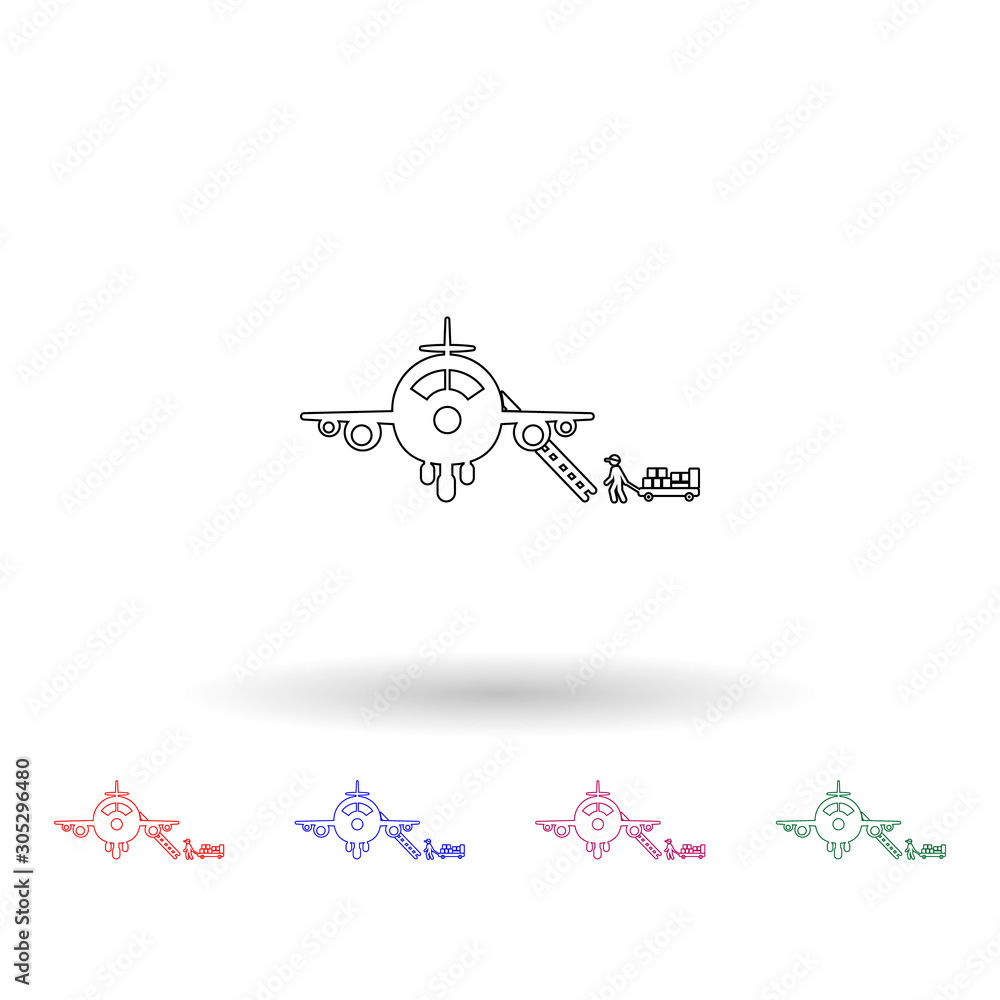 Poster filling an airplane with cargo multi color icon. simple thin line, outline vector of logistic icons 