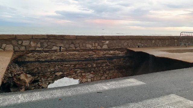 Collapsed Sidewalk In Menton On The French Riviera, Seafront Is Closed Due To Flooding Caused By Big Waves, France, Europe - 4K Resolution