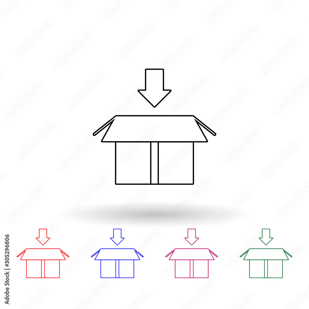 Poster an arrow in the bottom above the packing box multi color icon. simple thin line, outline vector of l