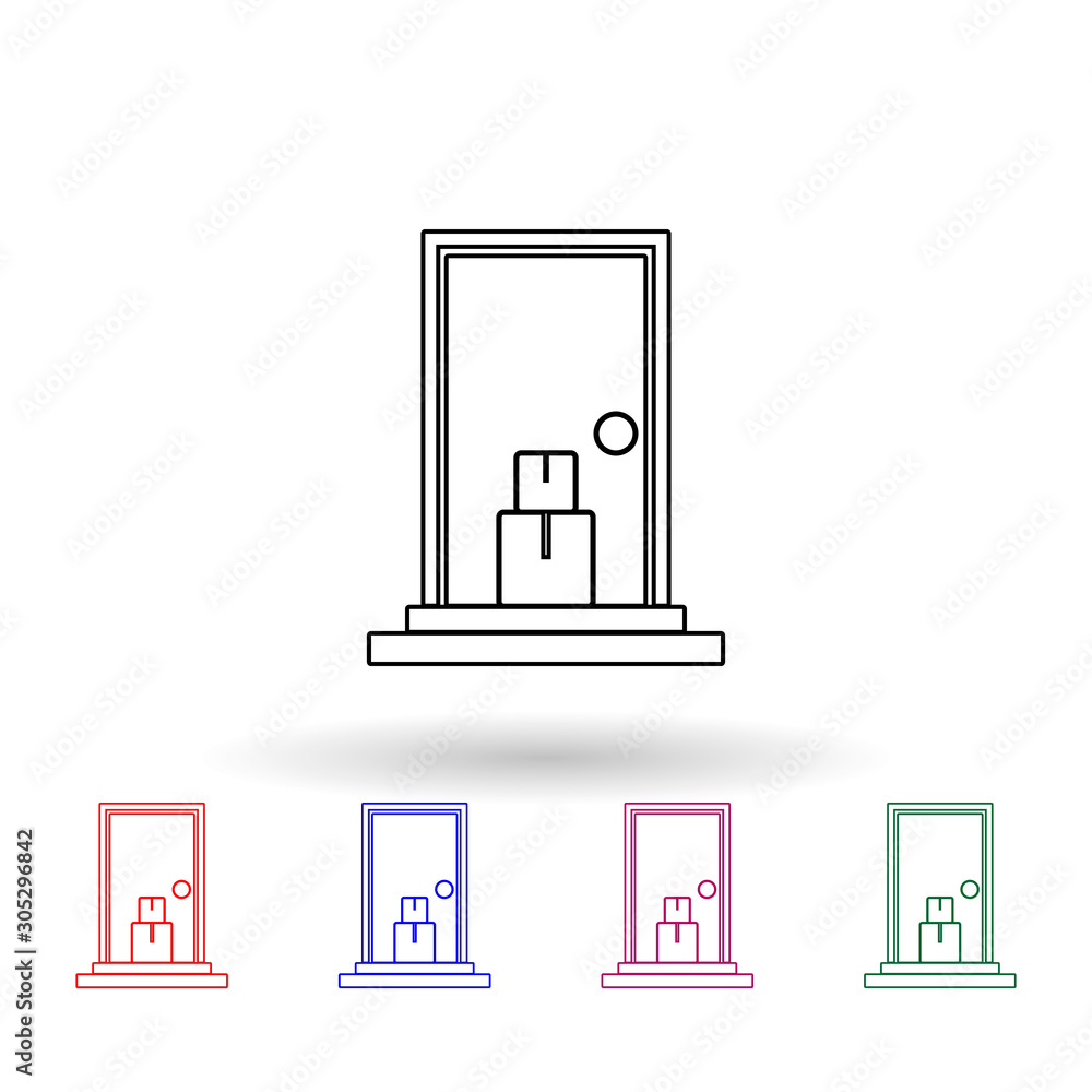 Poster packing box sending in front of the door multi color icon. simple thin line, outline vector of logis