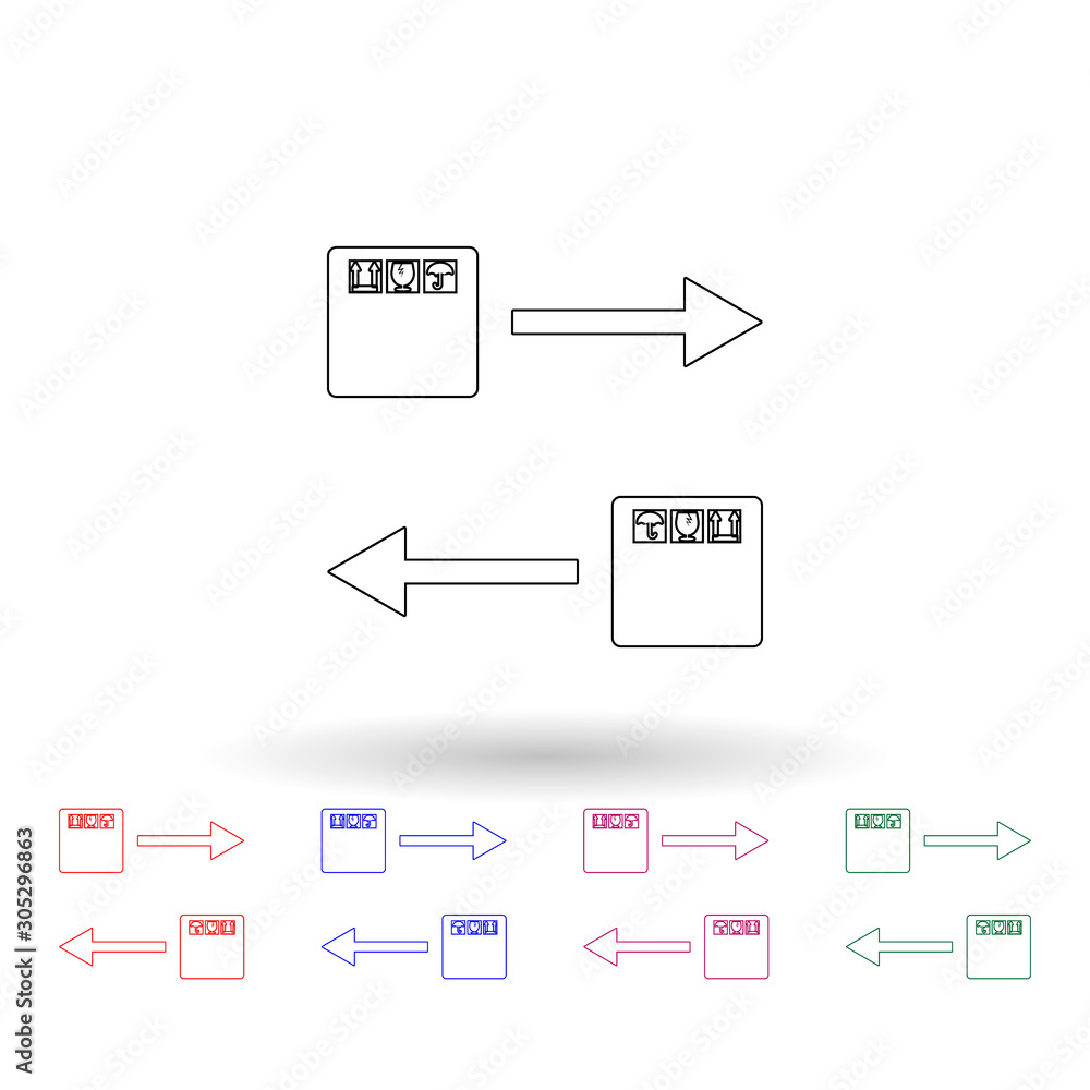 Poster direction arrows and packing boxes multi color icon. simple thin line, outline vector of logistic ic