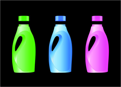 illustration vectorielle 3D de trois bidons en plastiques pour des produits ménager aux couleurs fluorescentes, vert, bleu, et rose sur un fond noir.