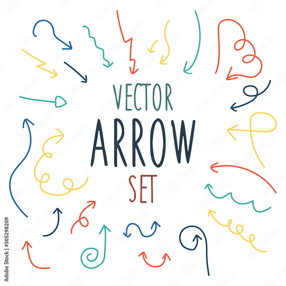 Poster vector of different color arrow set hand draw on white background. vector illustration.