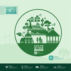 Naklejka premium Save the world together green ecology vector illustration.