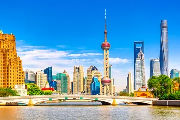 Poster Shanghai pudong skyline with historical Waibaidu bridge, China during summer sunny day © Nikolay N. Antonov