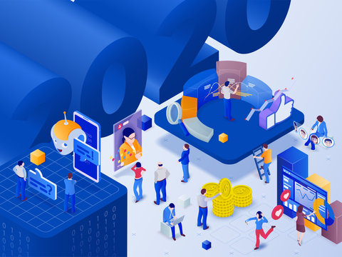Social networks trends 2020. Dialogue with chat bot. arnings in social media. Opinion experts. Stories. Statistics and analytics. 3d isometric promotion business concept. Vector illustration