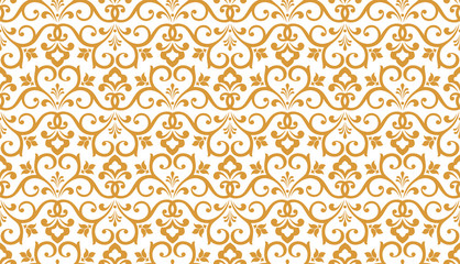 Wallpaper in the style of Baroque. Seamless vector background. White and gold floral ornament. Graphic pattern for fabric, wallpaper, packaging. Ornate Damask flower ornament