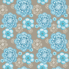 Watercolor Seamless pattern Hobby Crochet flower. Collection of hand drawn light blue, gray colors flowers elements of Crocheting and knitting on gray background