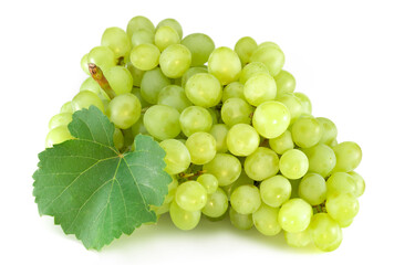 Green grape with leaves isolated on white. With clipping path. Full depth of field.