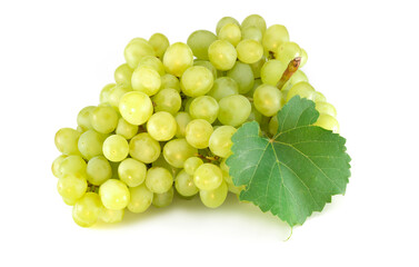 Green grape with leaves isolated on white. With clipping path. Full depth of field.