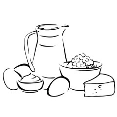Sketch of dairy products. Milk and farm product. Set of hand drawn vector elements