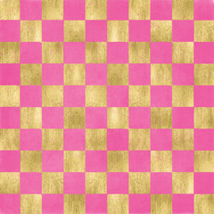 Fototapeta premium Bright pink and gold foil checkerboard pattern