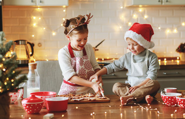 happy children boy and girl bake christmas cookies.