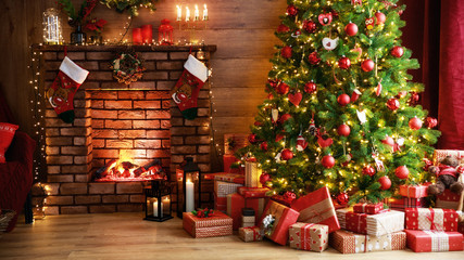 interior christmas. magic glowing tree, fireplace, gifts in  dark  .