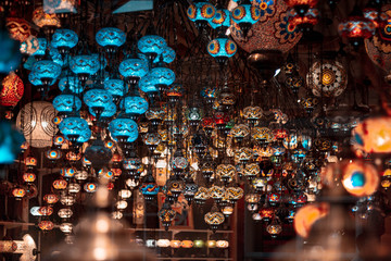 Lamp shop. Beautiful bright glass lamp.