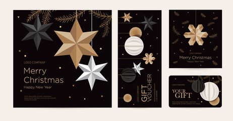 A set of christmas greeting card, invitation, certificate, voucher with festive decor. New Year design template of beauty salon, spa, restaurant, club. Vector illustration of gold stars and snowflake