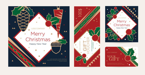 A set of christmas greeting card, invitation, certificate, voucher with festive decor. New Year design template of beauty salon, spa, restaurant, club. Illustration of a holly on a red and blue backgr