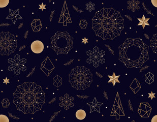 Abstrakcyjny wzór nowego roku. Złoty Bożego Narodzenia śnieżynka na ciemnym niebieskim tle. Bezszwowa ozdoba dla wystroju, tapety, papieru prezentowego i projektowania noworocznych pamiątek - 305302282