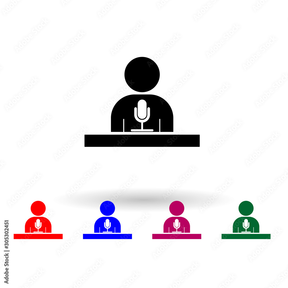 Poster man standing with podium and microphones multi color icon. simple glyph, flat vector of media icons 