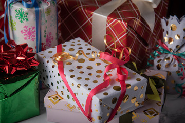 pile of wrapped gift boxes, holiday image