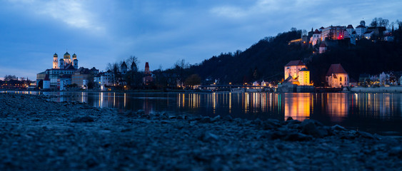 Panorama of Passau at the confluence of Ilz, Inn and Danube with view towards Oberhaus castle at...