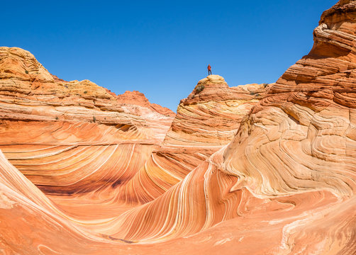 Man standing high above the Wave Formation on sandstone tower of orange and pink rock.