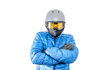 Skier wearing a ski helmet, google, gloves and winter jacket Isolated on a white background. Concept of skiing, snowboarding. Winter sports.