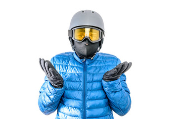 Skier wearing a ski helmet, google, gloves and winter jacket Isolated on a white background. Concept of skiing, snowboarding. Winter sports.